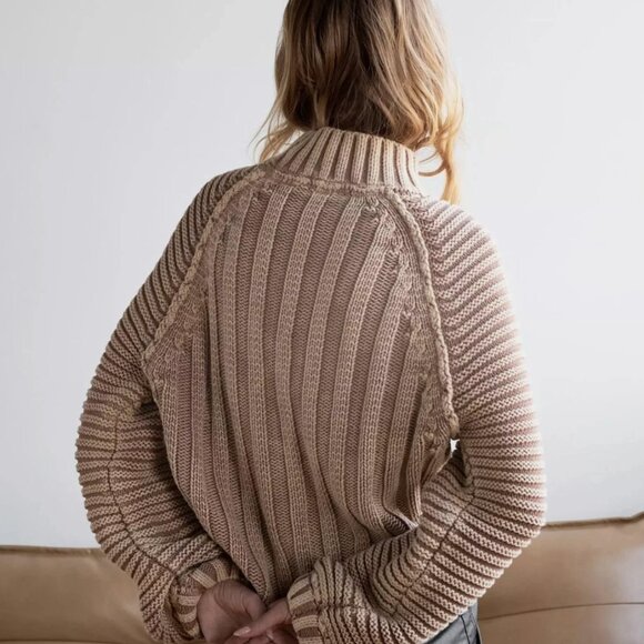 Free People Tan Light Brown Chunky Knit Mock-Neck Sweetheart Sweater Size Large - Picture 6 of 6